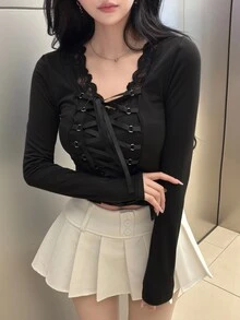 FRIFUL Women's Lace Patchwork Tie-Up Design Casual Daily T-Shirt Fall - Black - View 7