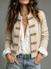 SHEIN New Fall Winter Modern Chinese Frog Button Knit Jacket Women Mandarin Collar Long Sleeve Tailored Short - Beige - View 1