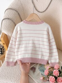 SHEIN Young Girl Striped Pattern Drop Shoulder Bow Front Cardigan - Pink - View 2