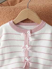 SHEIN Young Girl Striped Pattern Drop Shoulder Bow Front Cardigan - Pink - View 5