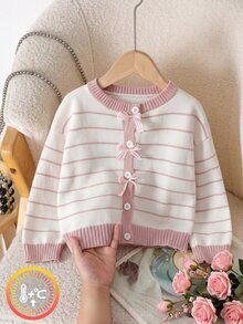 SHEIN Young Girl Striped Pattern Drop Shoulder Bow Front Cardigan - Pink - View 1