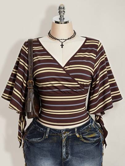 SHEIN ICON Plus Size Striped Sexy T-Shirt, Suitable For Nightclub Party Or Date, Vintage Elegant V-Neck Ruffle Sleeve Slim Fit Y2K Style Plus Size T-Shirt