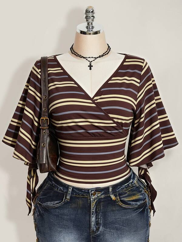 SHEIN ICON Plus Size Striped Sexy T-Shirt, Suitable For Nightclub Party Or Date, Vintage Elegant V-Neck Ruffle Sleeve Slim Fit Y2K Style Plus Size T-Shirt