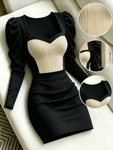 SHEIN Franclia Women's Contrast Color Sweetheart Neckline Gigot Sleeve Fitted Elegant Dress - Black - View 1