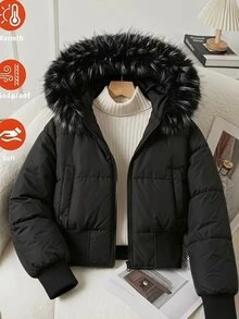 SHEIN 青少年女孩長袖抓絨 Y2K 風格純黑色人造毛領連帽短款填充外套，度假穿搭 - 黑色 - 查看 2