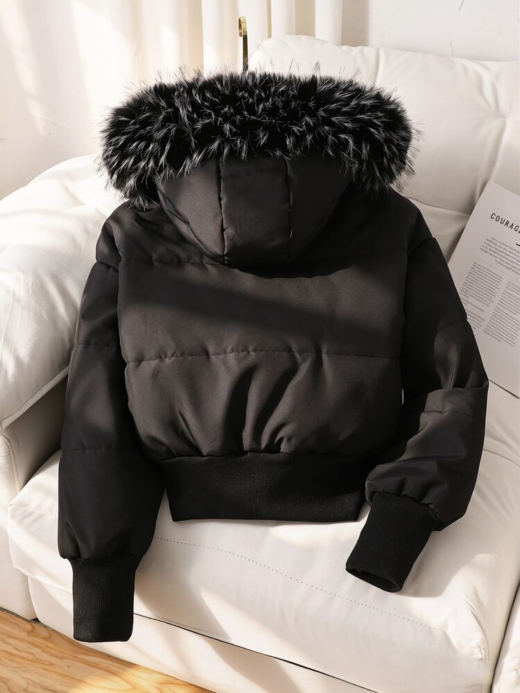 SHEIN Teen Girl Long Sleeve Fleece Y2K Style Pure Black Faux Fur Collar Hooded Short Padded Coat, Holiday Outfits - Black - View 7
