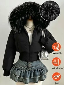 SHEIN 青少年女孩長袖抓絨 Y2K 風格純黑色人造毛領連帽短款填充外套，度假穿搭 - 黑色 - 查看 1