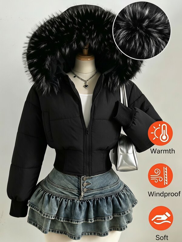 SHEIN Teen Girl Y2K Style Pure Black Faux Fur Collar Hooded Short Padded Coat, Thick Quilted Waist-Cinching Ribbed Hem Slim Fit Basic Outerwear For Junior High And High School Girls, No Pattern Minimalist High Waist Winter Coat