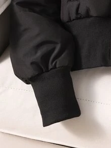 SHEIN 青少年女孩長袖抓絨 Y2K 風格純黑色人造毛領連帽短款填充外套，度假穿搭 - 黑色 - 查看 4