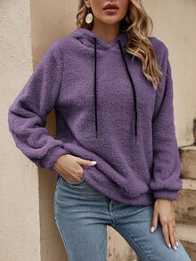 SHEIN LUNE Solid Color Fleece Drawstring Hoodie,Long Sleeve Tops In Fall/Winter,Casual - Purple - View 4