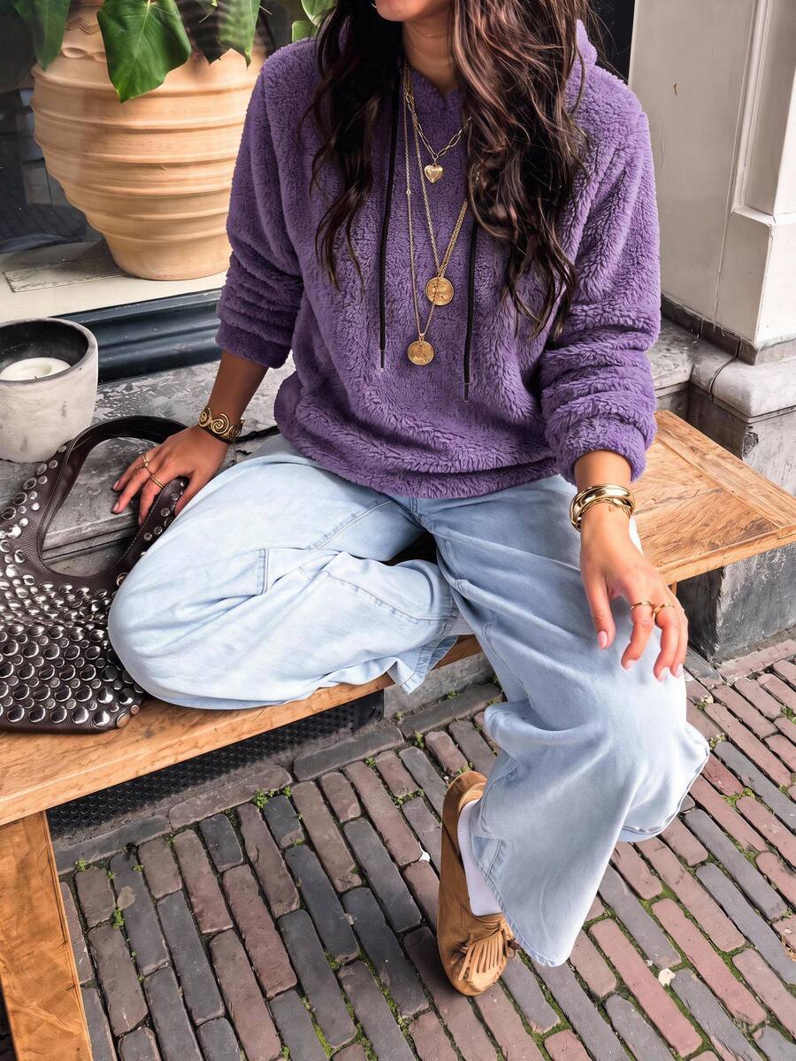 SHEIN LUNE Solid Color Fleece Drawstring Hoodie,Long Sleeve Tops In Fall/Winter,Casual - Purple - View 1