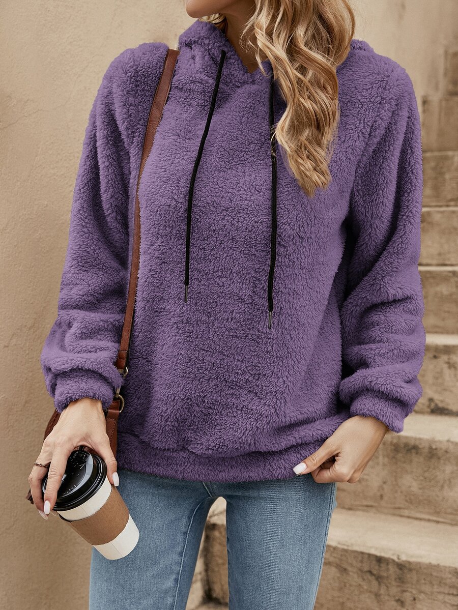 SHEIN LUNE Solid Color Fleece Drawstring Hoodie,Long Sleeve Tops In Fall/Winter,Casual - Purple - View 1