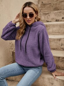 SHEIN LUNE Solid Color Fleece Drawstring Hoodie,Long Sleeve Tops In Fall/Winter,Casual - Purple - View 3