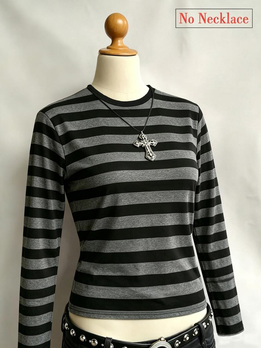 Lalippa Women's Fashion Striped Contrast Color Long Sleeve Korean Style T-Shirt - Black - View 1