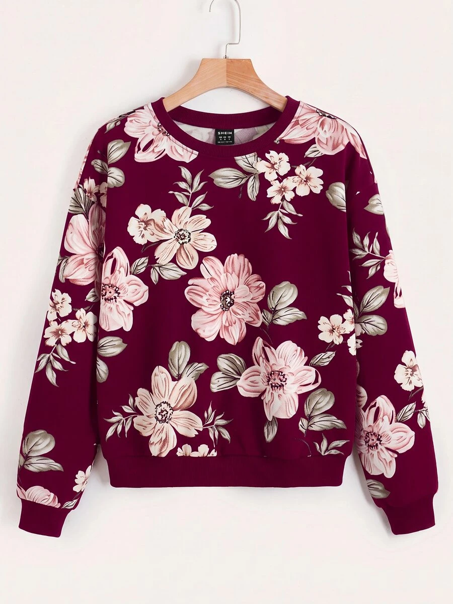 SHEIN LUNE Pink Floral Light Blue Drop Shoulder Sweatshirt,Long Sleeve Tops In Autumn/,Casual Cottagecore Romantic Picnic Brunch - Burgundy - View 1