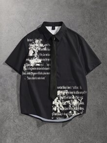 ROMWE MEN Street Life Gothic Print Short Sleeve Shirt, Spring/Summer Style, Comes With Tie - Black - View 1