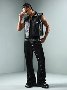 ROMWE MEN Street Life Men's Letter Print PU Leather Lapel Front Patch Vest - Black - View 7