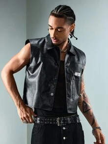 ROMWE MEN Street Life Men's Letter Print PU Leather Lapel Front Patch Vest - Black - View 1