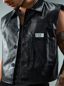 ROMWE MEN Street Life Men's Letter Print PU Leather Lapel Front Patch Vest - Black - View 2