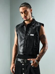 ROMWE MEN Street Life Men's Letter Print PU Leather Lapel Front Patch Vest - Black - View 3