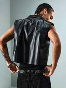 ROMWE MEN Street Life Men's Letter Print PU Leather Lapel Front Patch Vest - Black - View 5