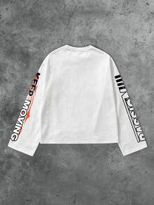 ROMWE MEN Street Life Men's Letter Print Long Sleeve T-Shirt, Suitable For Daily Wear In Spring And Summer - White - View 2