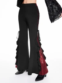 ROMWE Goth Women Retro Gorgeous "Daydreamer" Ruffle Trim Colorblock Lace Tie Flared Pants - Black - View 6