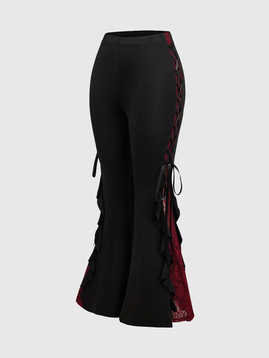 ROMWE Goth Women Retro Gorgeous "Daydreamer" Ruffle Trim Colorblock Lace Tie Flared Pants