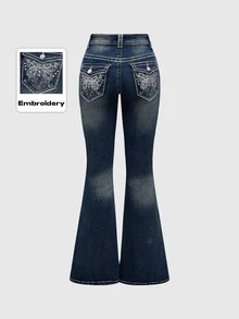 ROMWE J-Fashion Y2K Low Waist Vintage Rhinestone Butterfly Embroidered Denim Jeans, School - Grey - View 1