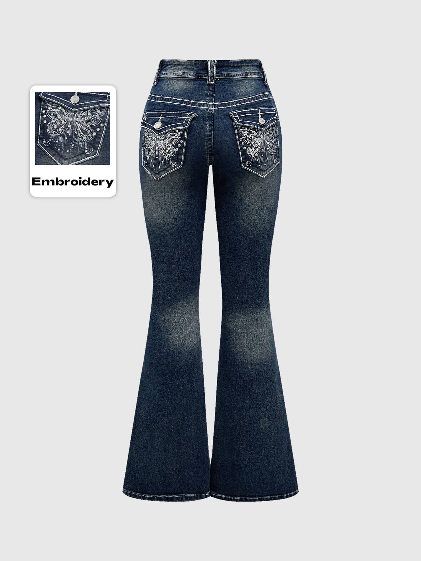 ROMWE J-Fashion Y2K Low Waist Vintage Rhinestone Butterfly Embroidered Denim Jeans, School - Grey - View 1