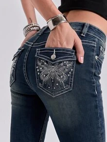 ROMWE J-Fashion Y2K Low Waist Vintage Rhinestone Butterfly Embroidered Denim Jeans, School - Grey - View 3