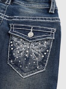 ROMWE J-Fashion Y2K Low Waist Vintage Rhinestone Butterfly Embroidered Denim Jeans, School - Grey - View 4