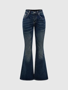 ROMWE J-Fashion Y2K Low Waist Vintage Rhinestone Butterfly Embroidered Denim Jeans, School - Grey - View 2