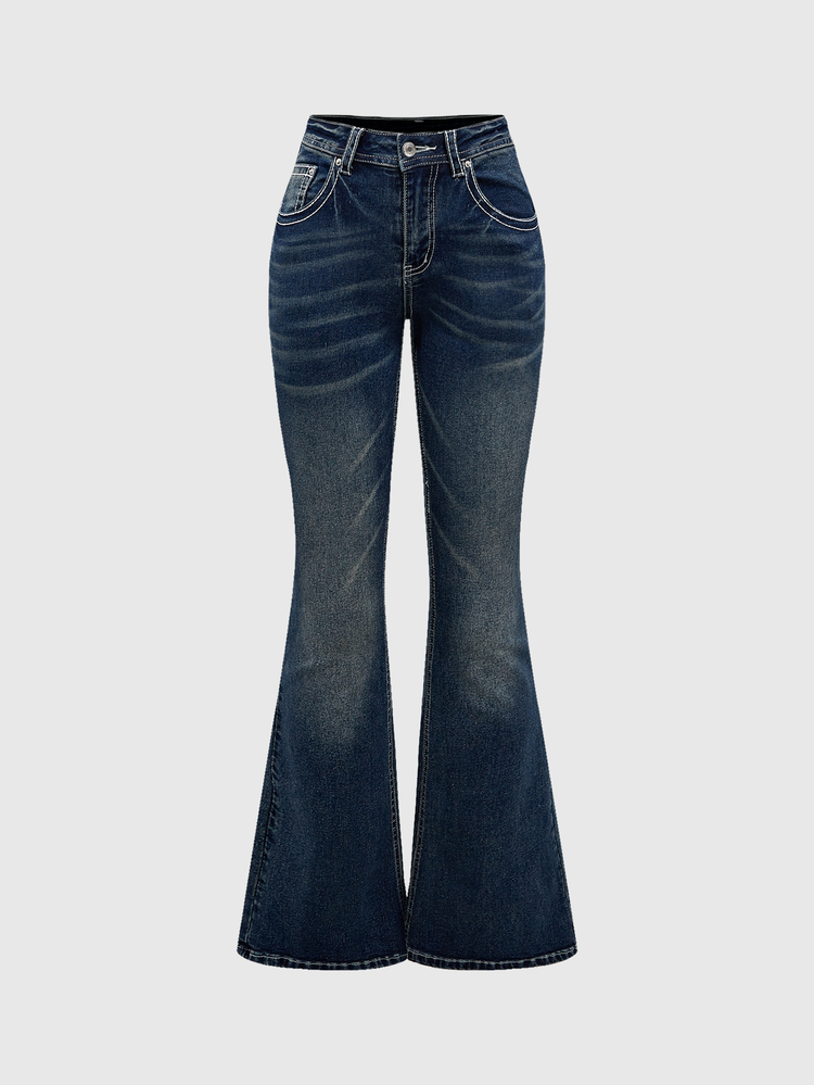 ROMWE J-Fashion Y2K Low Waist Vintage Rhinestone Butterfly Embroidered Denim Jeans, School - Grey - View 2