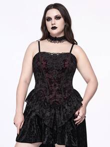 ROMWE Spring/Summer Plus Size Women Gothic Romantic Palace Flocked Contrast Lace Asymmetrical Hem Camisole  Valentine's Day - Black - View 3