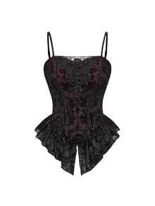 ROMWE Spring/Summer Plus Size Women Gothic Romantic Palace Flocked Contrast Lace Asymmetrical Hem Camisole  Valentine's Day - Black - View 1