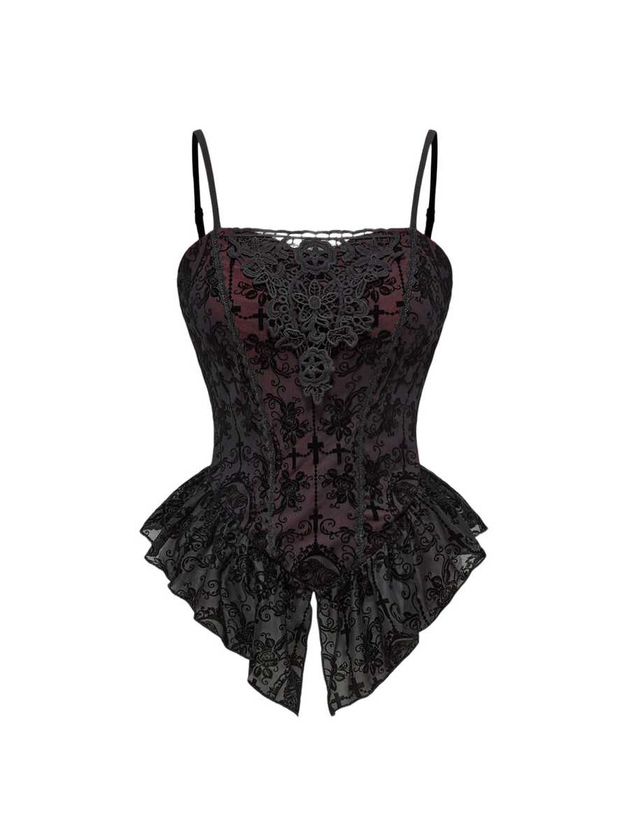 ROMWE Spring/Summer Plus Size Women Gothic Romantic Palace Flocked Contrast Lace Asymmetrical Hem Camisole  Valentine's Day - Black - View 1