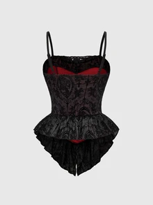 ROMWE Spring/Summer Plus Size Women Gothic Romantic Palace Flocked Contrast Lace Asymmetrical Hem Camisole  Valentine's Day - Black - View 2