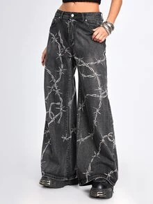 ROMWE Goth Celana Jeans Model Longgar Berpinggang Rendah dengan Motif Duri Gaya Punk Gelap - Hitam - View 4