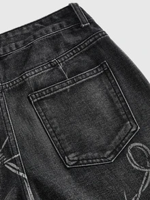 ROMWE Goth Celana Jeans Model Longgar Berpinggang Rendah dengan Motif Duri Gaya Punk Gelap - Hitam - View 9