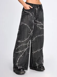 ROMWE Goth Celana Jeans Model Longgar Berpinggang Rendah dengan Motif Duri Gaya Punk Gelap - Hitam - View 3