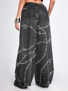 ROMWE Goth Celana Jeans Model Longgar Berpinggang Rendah dengan Motif Duri Gaya Punk Gelap - Hitam - View 5