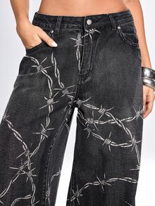 ROMWE Goth Celana Jeans Model Longgar Berpinggang Rendah dengan Motif Duri Gaya Punk Gelap - Hitam - View 2