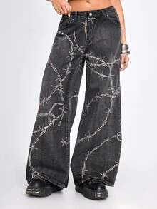 ROMWE Goth Celana Jeans Model Longgar Berpinggang Rendah dengan Motif Duri Gaya Punk Gelap - Hitam - View 6