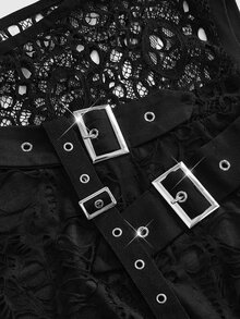 ROMWE Sexy Black Ripped Floral Mesh Patchwork Asymmetric Punk Goth Style Tank Top - Black - View 4