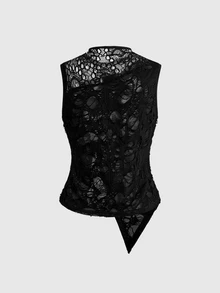 ROMWE Sexy Black Ripped Floral Mesh Patchwork Asymmetric Punk Goth Style Tank Top - Black - View 2