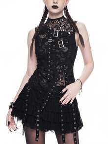ROMWE Sexy Black Ripped Floral Mesh Patchwork Asymmetric Punk Goth Style Tank Top - Black - View 3