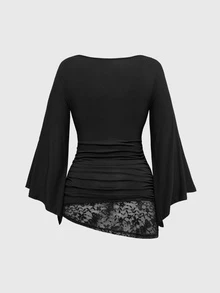 ROMWE Goth Spring/SummerblackLoose Collar Cinched Waist Batwing Sleeve Lace Women T-Shirt - Black - View 2