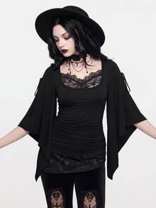 ROMWE Goth Spring/SummerblackLoose Collar Cinched Waist Batwing Sleeve Lace Women T-Shirt - Black - View 4