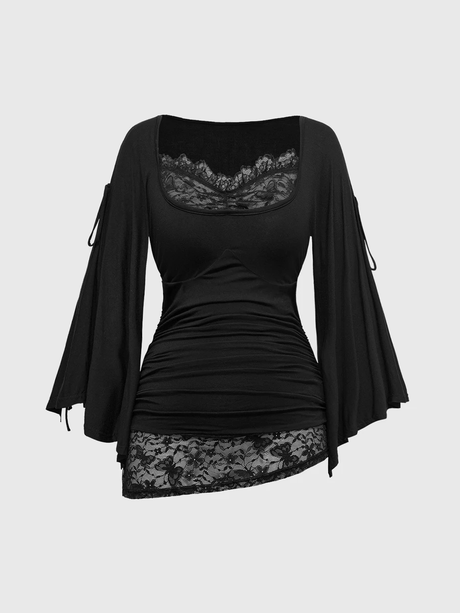 ROMWE Goth Spring/SummerblackLoose Collar Cinched Waist Batwing Sleeve Lace Women T-Shirt - Black - View 1